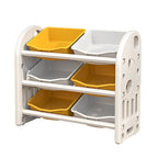Organisateur de rangement pour jouets d'enfants à 3 niveaux, jaune/rose, avec 6 bacs