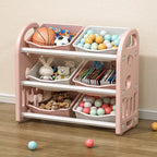Organisateur de rangement pour jouets d'enfants à 3 niveaux, jaune/rose, avec 6 bacs