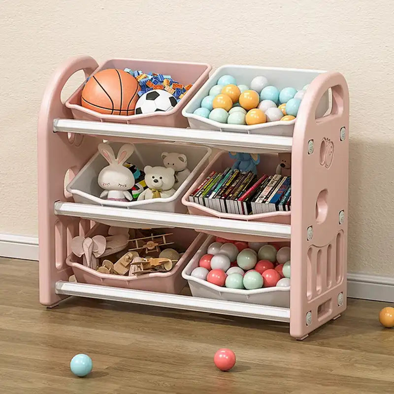 Organisateur de rangement pour jouets d'enfants à 3 niveaux, jaune/rose, avec 6 bacs