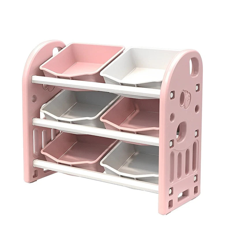 Organisateur de rangement pour jouets d'enfants à 3 niveaux, jaune/rose, avec 6 bacs