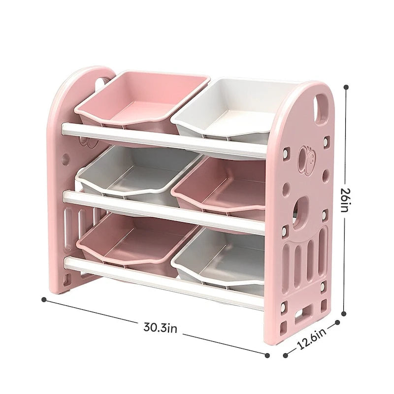 Organisateur de rangement pour jouets d'enfants à 3 niveaux, jaune/rose, avec 6 bacs