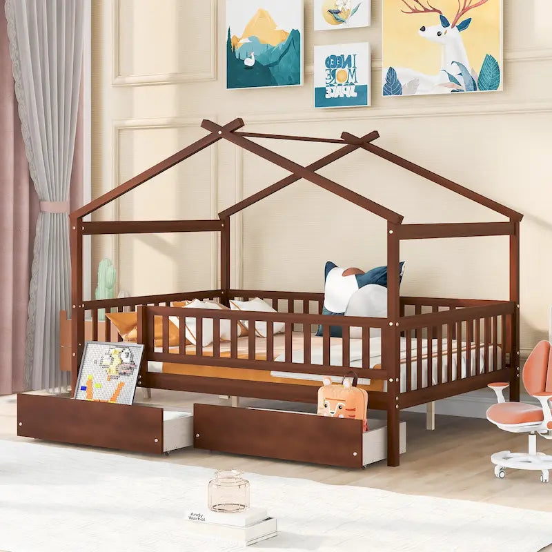 Lit plateforme pour enfants, taille standard, en forme de maison, avec 2 tiroirs, Noyer/Gris/Blanc/Naturel, pour 1 enfant
