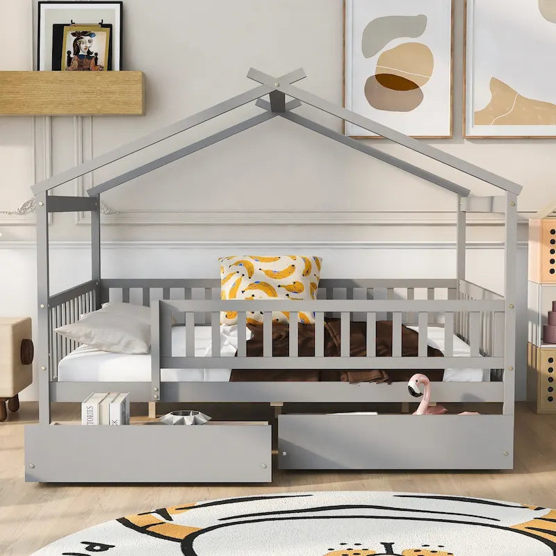 Lit plateforme pour enfants, taille standard, en forme de maison, avec 2 tiroirs, Noyer/Gris/Blanc/Naturel, pour 1 enfant
