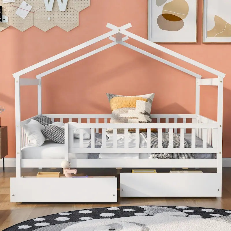 Lit plateforme pour enfants, taille standard, en forme de maison, avec 2 tiroirs, Noyer/Gris/Blanc/Naturel, pour 1 enfant