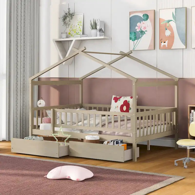 Lit plateforme pour enfants, taille standard, en forme de maison, avec 2 tiroirs, Noyer/Gris/Blanc/Naturel, pour 1 enfant