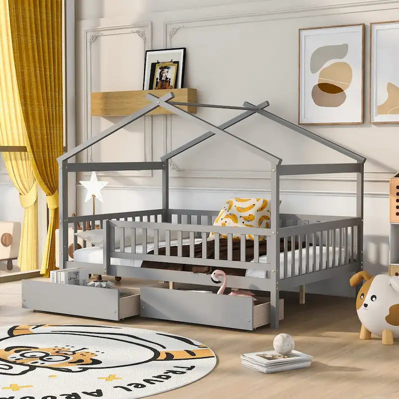 Lit plateforme pour enfants, taille standard, en forme de maison, avec 2 tiroirs, Noyer/Gris/Blanc/Naturel, pour 1 enfant