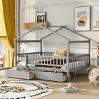 Lit plateforme pour enfants, taille standard, en forme de maison, avec 2 tiroirs, Noyer/Gris/Blanc/Naturel, pour 1 enfant