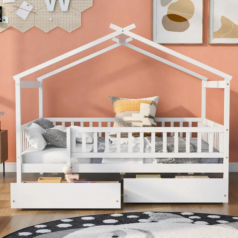 Lit plateforme pour enfants, taille standard, en forme de maison, avec 2 tiroirs, Noyer/Gris/Blanc/Naturel, pour 1 enfant