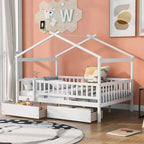 Lit plateforme pour enfants, taille standard, en forme de maison, avec 2 tiroirs, Noyer/Gris/Blanc/Naturel, pour 1 enfant