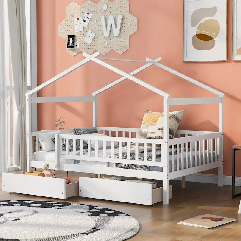Lit plateforme pour enfants, taille standard, en forme de maison, avec 2 tiroirs, Noyer/Gris/Blanc/Naturel, pour 1 enfant