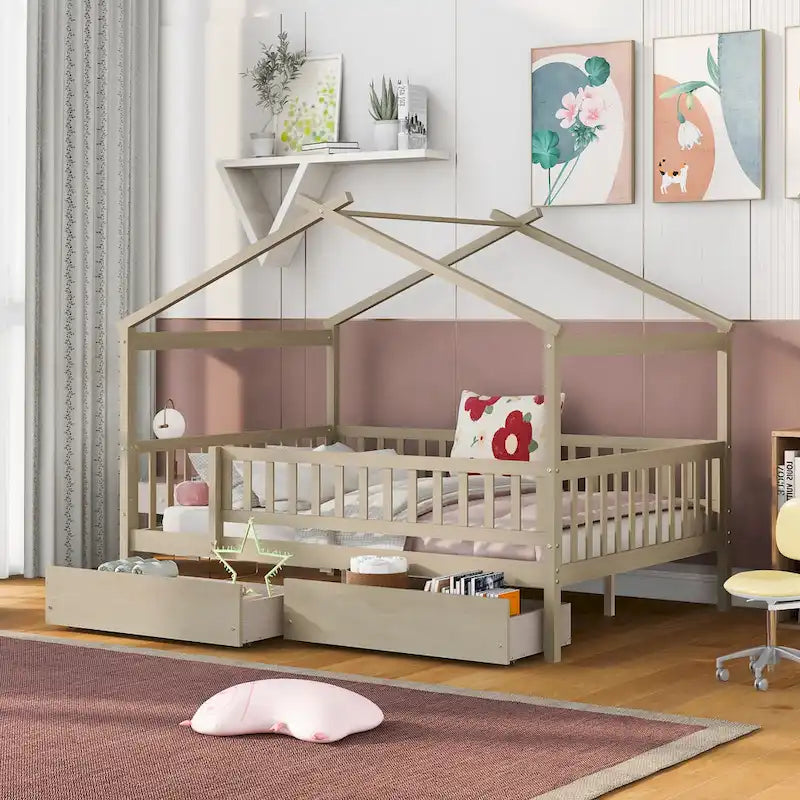 Lit plateforme pour enfants, taille standard, en forme de maison, avec 2 tiroirs, Noyer/Gris/Blanc/Naturel, pour 1 enfant