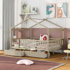 Lit plateforme pour enfants, taille standard, en forme de maison, avec 2 tiroirs, Noyer/Gris/Blanc/Naturel, pour 1 enfant