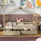 Lit plateforme pour enfants, taille standard, en forme de maison, avec 2 tiroirs, Noyer/Gris/Blanc/Naturel, pour 1 enfant