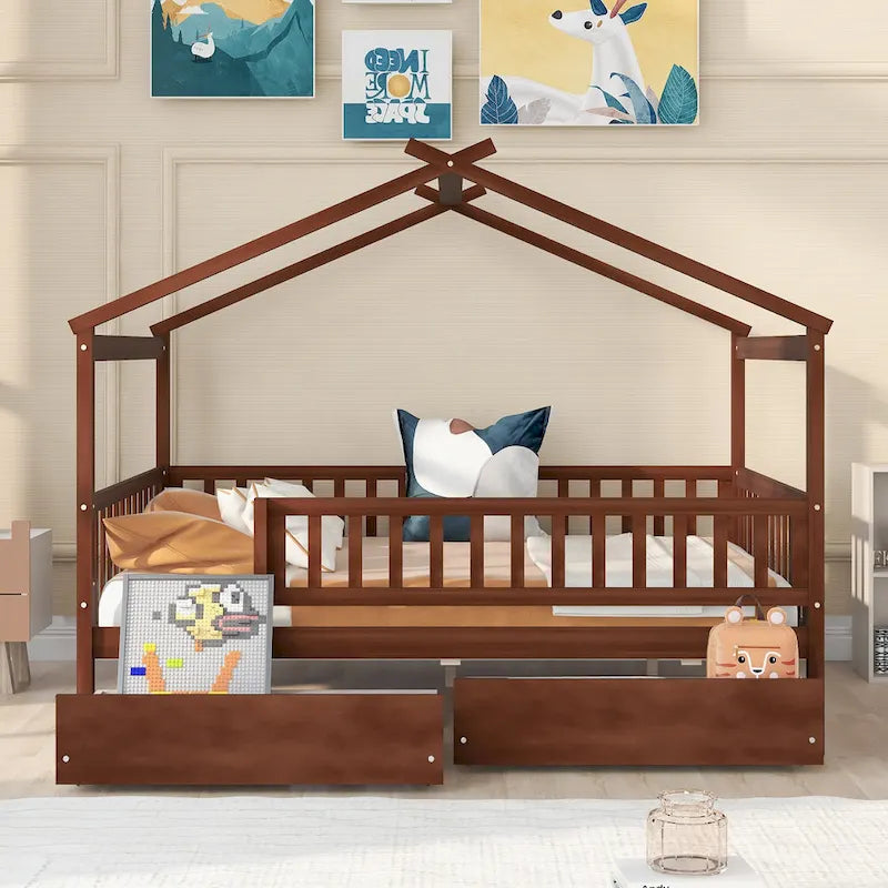 Lit plateforme pour enfants, taille standard, en forme de maison, avec 2 tiroirs, Noyer/Gris/Blanc/Naturel, pour 1 enfant