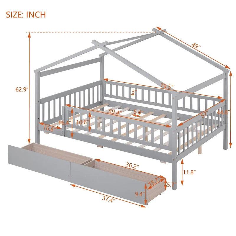 Lit plateforme pour enfants, taille standard, en forme de maison, avec 2 tiroirs, Noyer/Gris/Blanc/Naturel, pour 1 enfant