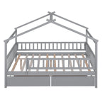 Lit plateforme pour enfants, taille standard, en forme de maison, avec 2 tiroirs, Noyer/Gris/Blanc/Naturel, pour 1 enfant
