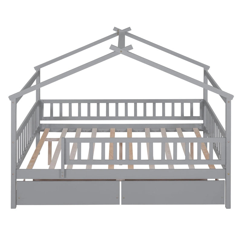 Lit plateforme pour enfants, taille standard, en forme de maison, avec 2 tiroirs, Noyer/Gris/Blanc/Naturel, pour 1 enfant