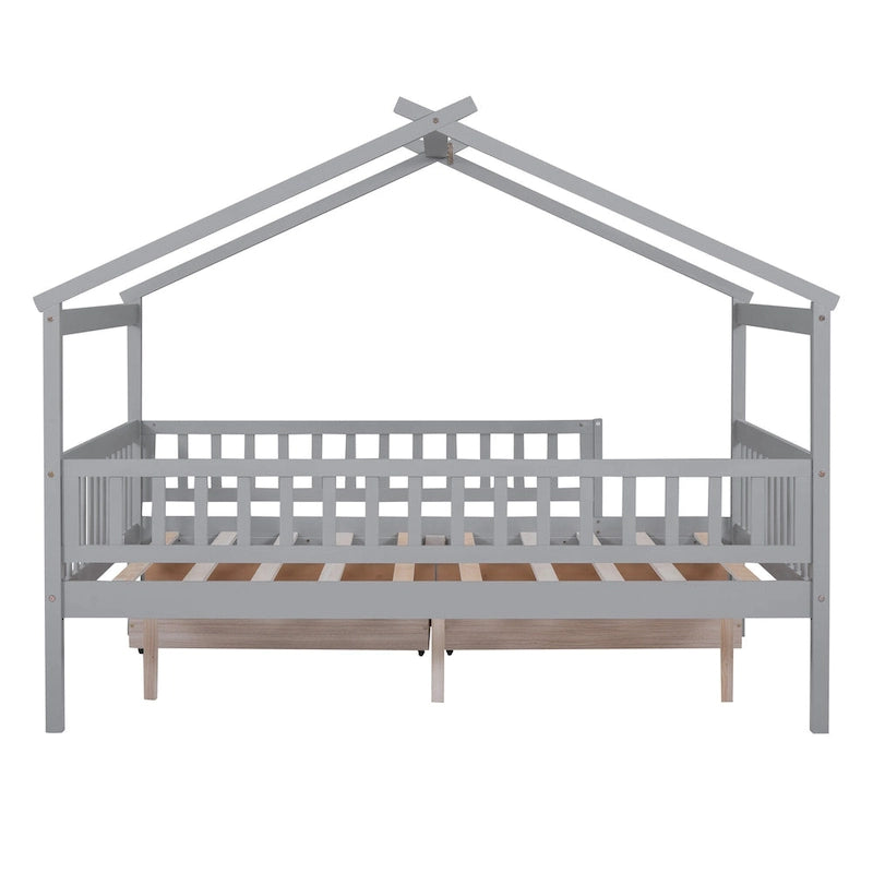 Lit plateforme pour enfants, taille standard, en forme de maison, avec 2 tiroirs, Noyer/Gris/Blanc/Naturel, pour 1 enfant