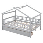 Lit plateforme pour enfants, taille standard, en forme de maison, avec 2 tiroirs, Noyer/Gris/Blanc/Naturel, pour 1 enfant