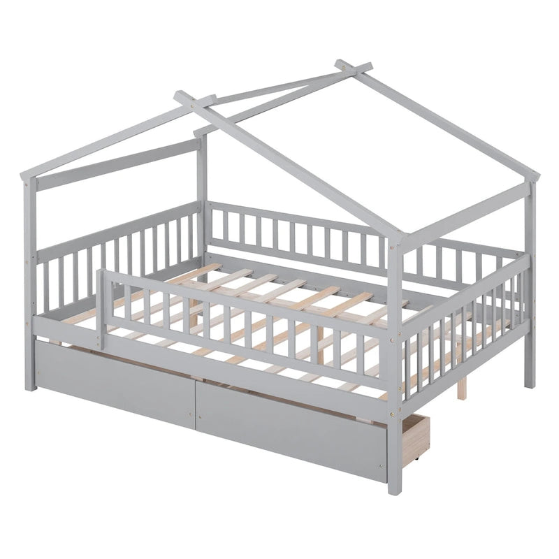 Lit plateforme pour enfants, taille standard, en forme de maison, avec 2 tiroirs, Noyer/Gris/Blanc/Naturel, pour 1 enfant