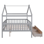Lit plateforme pour enfants, taille standard, en forme de maison, avec 2 tiroirs, Noyer/Gris/Blanc/Naturel, pour 1 enfant