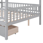 Lit plateforme pour enfants, taille standard, en forme de maison, avec 2 tiroirs, Noyer/Gris/Blanc/Naturel, pour 1 enfant