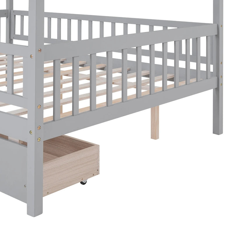 Lit plateforme pour enfants, taille standard, en forme de maison, avec 2 tiroirs, Noyer/Gris/Blanc/Naturel, pour 1 enfant