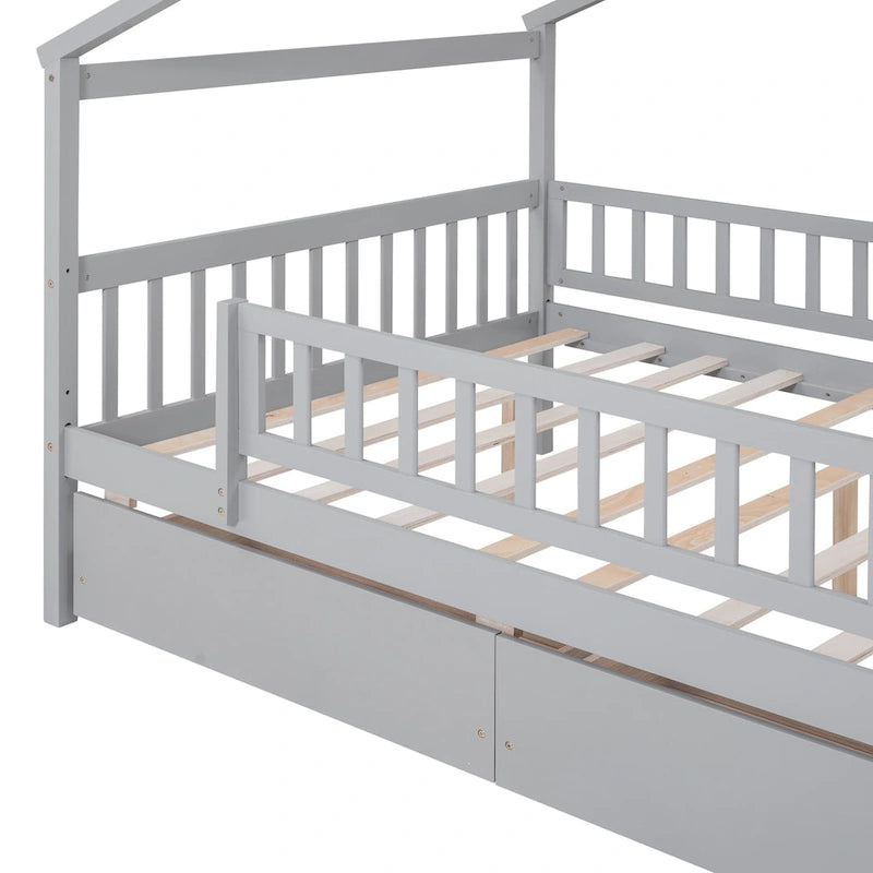 Lit plateforme pour enfants, taille standard, en forme de maison, avec 2 tiroirs, Noyer/Gris/Blanc/Naturel, pour 1 enfant