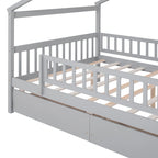 Lit plateforme pour enfants, taille standard, en forme de maison, avec 2 tiroirs, Noyer/Gris/Blanc/Naturel, pour 1 enfant