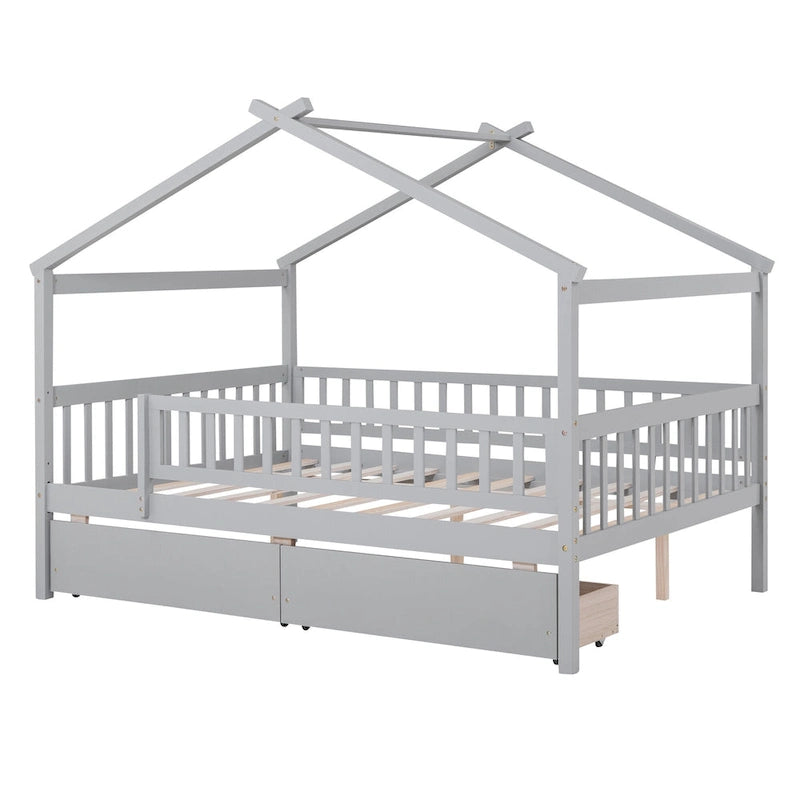 Lit plateforme pour enfants, taille standard, en forme de maison, avec 2 tiroirs, Noyer/Gris/Blanc/Naturel, pour 1 enfant