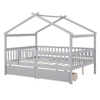 Lit plateforme pour enfants, taille standard, en forme de maison, avec 2 tiroirs, Noyer/Gris/Blanc/Naturel, pour 1 enfant