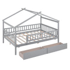 Lit plateforme pour enfants, taille standard, en forme de maison, avec 2 tiroirs, Noyer/Gris/Blanc/Naturel, pour 1 enfant