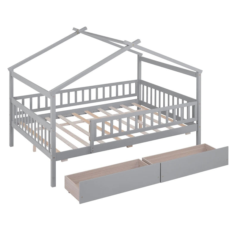 Lit plateforme pour enfants, taille standard, en forme de maison, avec 2 tiroirs, Noyer/Gris/Blanc/Naturel, pour 1 enfant