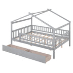 Lit plateforme pour enfants, taille standard, en forme de maison, avec 2 tiroirs, Noyer/Gris/Blanc/Naturel, pour 1 enfant