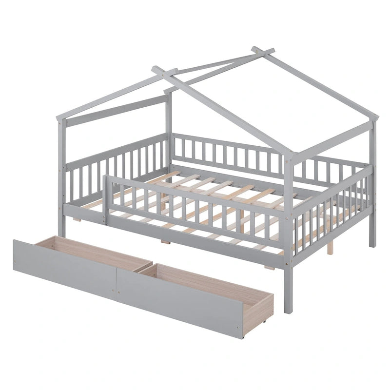 Lit plateforme pour enfants, taille standard, en forme de maison, avec 2 tiroirs, Noyer/Gris/Blanc/Naturel, pour 1 enfant