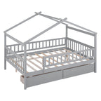Lit plateforme pour enfants, taille standard, en forme de maison, avec 2 tiroirs, Noyer/Gris/Blanc/Naturel, pour 1 enfant