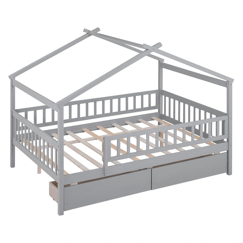 Lit plateforme pour enfants, taille standard, en forme de maison, avec 2 tiroirs, Noyer/Gris/Blanc/Naturel, pour 1 enfant