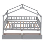 Lit plateforme pour enfants, taille standard, en forme de maison, avec 2 tiroirs, Noyer/Gris/Blanc/Naturel, pour 1 enfant