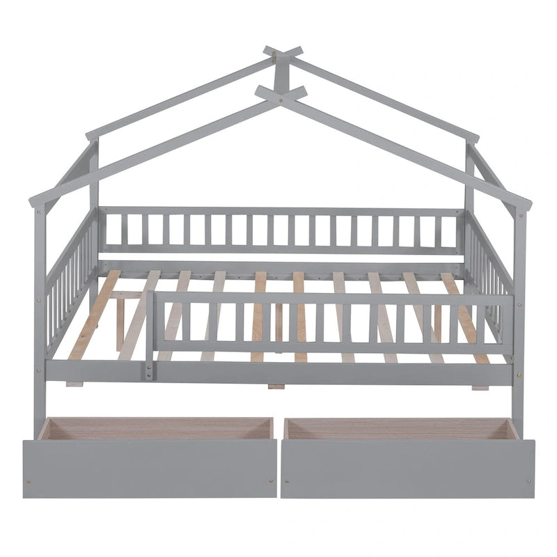 Lit plateforme pour enfants, taille standard, en forme de maison, avec 2 tiroirs, Noyer/Gris/Blanc/Naturel, pour 1 enfant