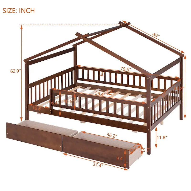 Lit plateforme pour enfants, taille standard, en forme de maison, avec 2 tiroirs, Noyer/Gris/Blanc/Naturel, pour 1 enfant