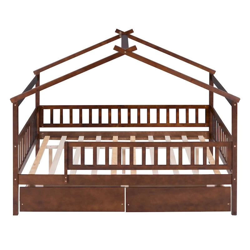 Lit plateforme pour enfants, taille standard, en forme de maison, avec 2 tiroirs, Noyer/Gris/Blanc/Naturel, pour 1 enfant