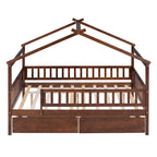Lit plateforme pour enfants, taille standard, en forme de maison, avec 2 tiroirs, Noyer/Gris/Blanc/Naturel, pour 1 enfant