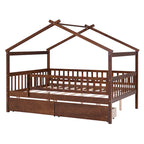 Lit plateforme pour enfants, taille standard, en forme de maison, avec 2 tiroirs, Noyer/Gris/Blanc/Naturel, pour 1 enfant