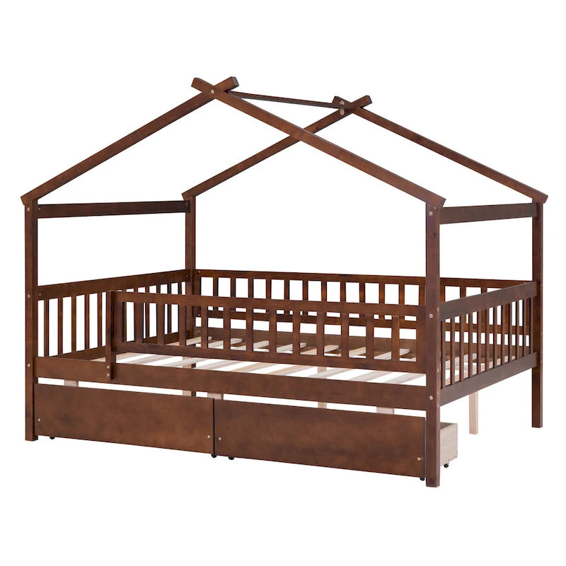 Lit plateforme pour enfants, taille standard, en forme de maison, avec 2 tiroirs, Noyer/Gris/Blanc/Naturel, pour 1 enfant