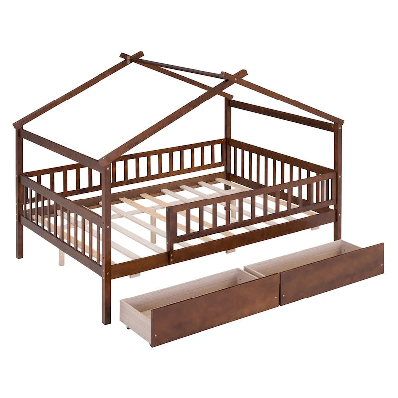 Lit plateforme pour enfants, taille standard, en forme de maison, avec 2 tiroirs, Noyer/Gris/Blanc/Naturel, pour 1 enfant