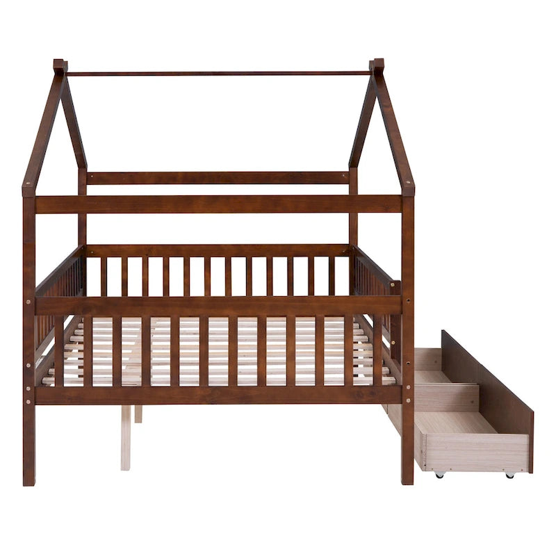 Lit plateforme pour enfants, taille standard, en forme de maison, avec 2 tiroirs, Noyer/Gris/Blanc/Naturel, pour 1 enfant