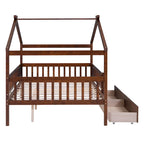Lit plateforme pour enfants, taille standard, en forme de maison, avec 2 tiroirs, Noyer/Gris/Blanc/Naturel, pour 1 enfant