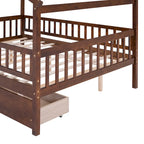 Lit plateforme pour enfants, taille standard, en forme de maison, avec 2 tiroirs, Noyer/Gris/Blanc/Naturel, pour 1 enfant