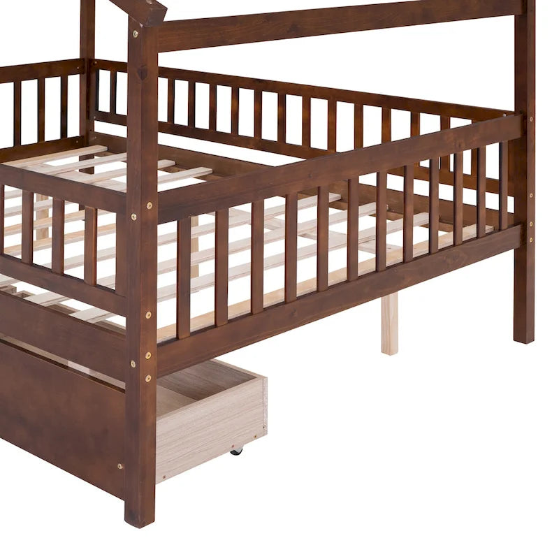 Lit plateforme pour enfants, taille standard, en forme de maison, avec 2 tiroirs, Noyer/Gris/Blanc/Naturel, pour 1 enfant