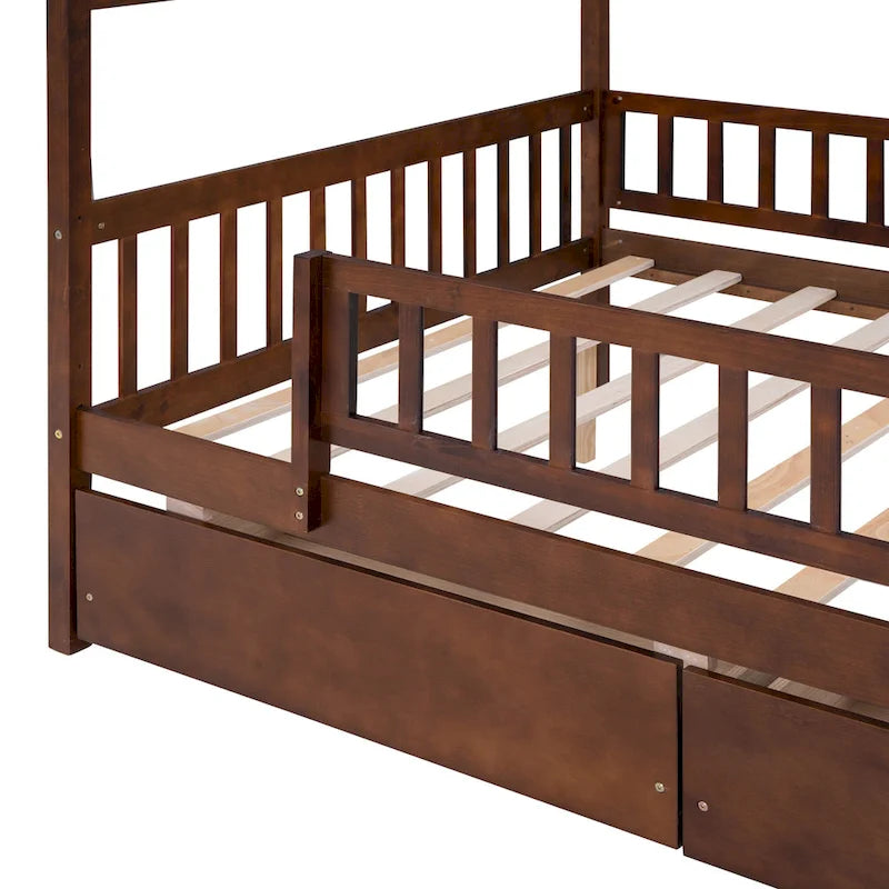 Lit plateforme pour enfants, taille standard, en forme de maison, avec 2 tiroirs, Noyer/Gris/Blanc/Naturel, pour 1 enfant